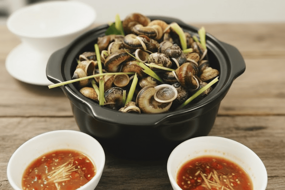 Một phần ăn ốc núi hấp sả tại nhà hàng Thăng Long, Ninh Bình